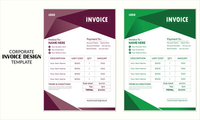 Creative modern business invoice design template with multiple color variation 