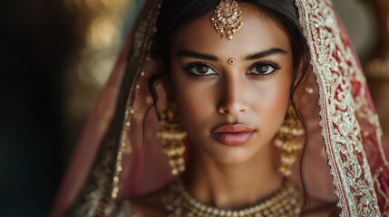 A dramatic portrait of Beautiful Indian woman in a stunning wedding dress against a backdrop of ornate patterns and rich traditional décor 