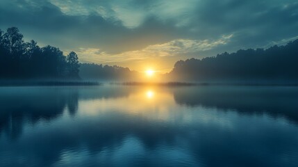 Obraz premium Serene Sunrise Over a Tranquil Landscape