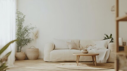 Naklejka premium Modern living room interior with beige sofa, coffee table and boho decor elements in minimalist home design. 