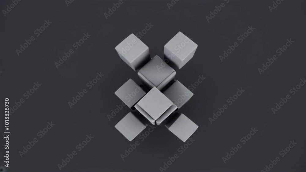 Poster dynamic gray abstract scene with moving lines and cubes.