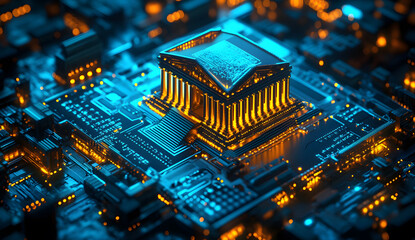 Conceptual digital transformation design of banking and financial services with a neoclassical bank building in a high-tech design, neon-lit virtual cityscape symbolizing fintech design