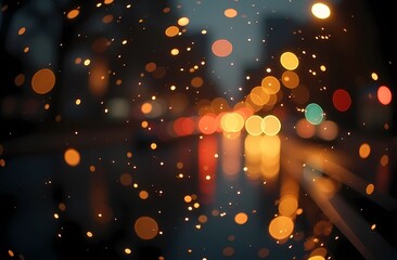 Rain, blurred lights, blurred background, gold confetti on black background, night city lights, depth of field, round bokeh