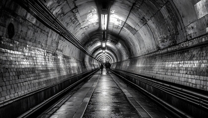 Obraz premium Shoot people at the end of a subway tunnel or underground passageway, using the vanishing lines of the tunnel to draw attention to the subject