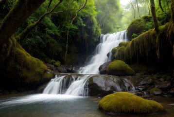 森の中の苔むした滝野自然な風景
