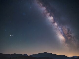 Fototapeta premium A stunning night sky filled with countless stars, the Milky Way glowing brightly across the horizon, and soft silhouettes of mountains in the distance 