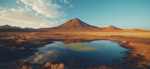 A small lake reflecting the sky and mountains in a desert landscape.