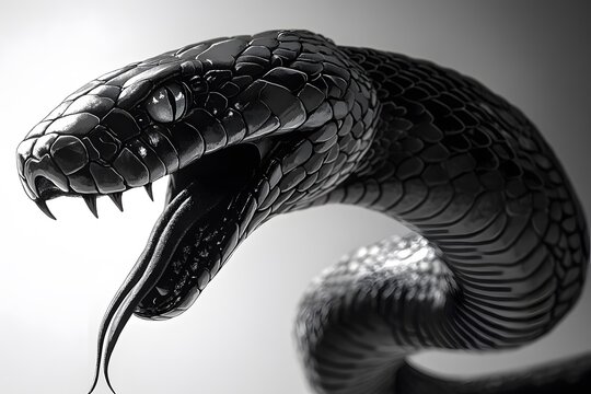 close-up of a black snake's head with menacing fangs