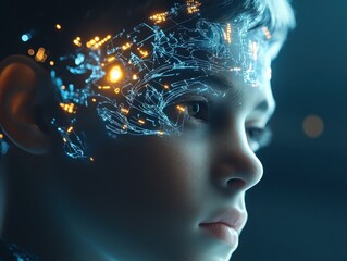 Obraz premium AI-controlled brain in a digital human boy optimizing decision-making