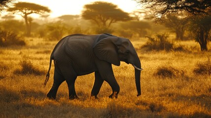 Naklejka premium Elephant Walking in African Savannah at Sunset