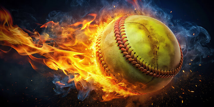 vibrant softball engulfed in flames, showcasing dynamic movement and energy. fiery backdrop enhances intensity of scene, creating striking visual impact