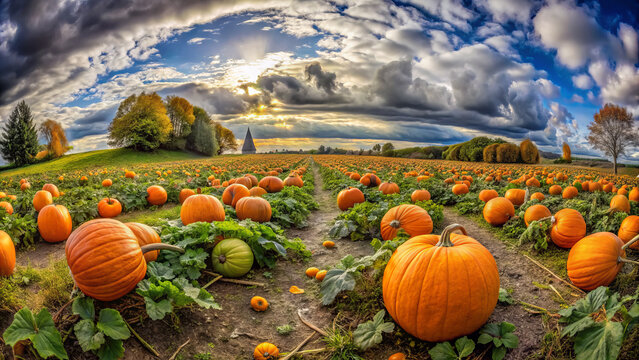 panoramic view of vibrant pumpkin field under dramatic sky, showcasing rows of pumpkins surrounded by lush green leaves. scene evokes sense of autumn beauty and harvest time