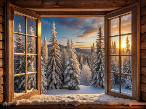 serene winter wonderland view through frosted window frames showcases snow covered trees and beautiful sunset. tranquil scene evokes sense of peace and warmth