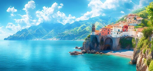 Fototapeta premium Picturesque coastal town with a bell tower overlooking a sandy beach, azure waters, and a majestic mountain range under a bright blue sky.