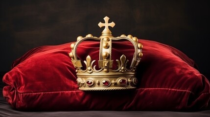 Luxurious red velvet pillow with golden crown on dark background  royal throne concept design