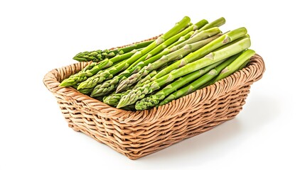 Realistic arrangement of fresh asparagus spears in a wooden basket on a white background, showcasing their vibrant green color and slender texture