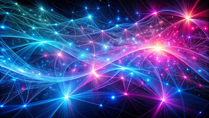 Vibrant blue and pink abstract light patterns create mesmerizing visual experience, showcasing dynamic waves and sparkling stars that evoke sense of wonder and energy