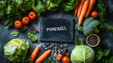 "Minerals text on a chalkboard surrounded by fresh vegetables including tomatoes, carrots, broccoli, and spinach. Healthy eating, natural ingredients, and essential minerals for a balanced diet."