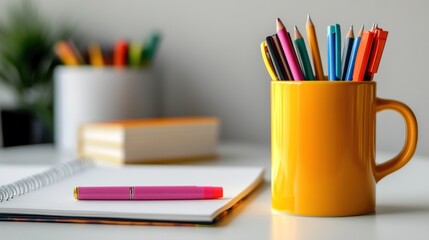 Desk with Notebook and Pencils