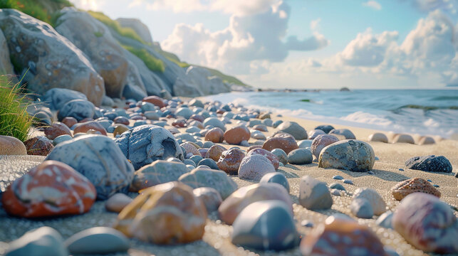 A beach where stones of various sizes, colors, and textures lie side by side, each contributing to the natural beauty of the shoreline.