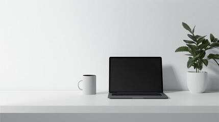 Fototapeta premium Minimalist Workspace with Laptop and Coffee mug on Desk for Productivity Imagery
