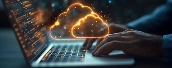 Man hands typing in laptop, glowing cloud, data storage and security, Generative AI