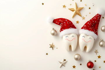 Obraz premium Christmas concept, cute smiling tooth characters in christmas hats with christmas balls decoration and stars on a SOFT background. Top view of two teeth wearing christmas costumes for a dental clinic