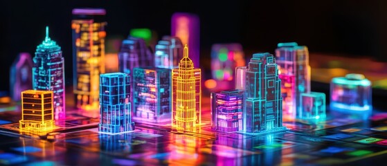 Cyberpunk board game with neonlit buildings as tokens and virtual currency, digital commerce meets gaming