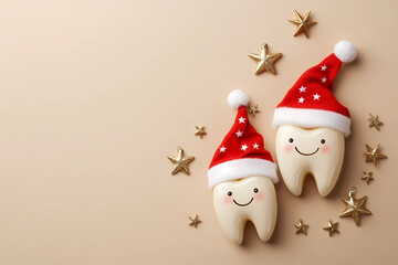 Christmas concept, cute smiling tooth characters in christmas hats with christmas balls decoration and stars on a SOFT background. Top view of two teeth wearing christmas costumes for a dental clinic