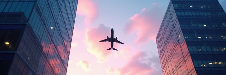 A captivating view of an airplane soaring between modern skyscrapers at sunset, symbolizing travel, innovation, and connectivity.