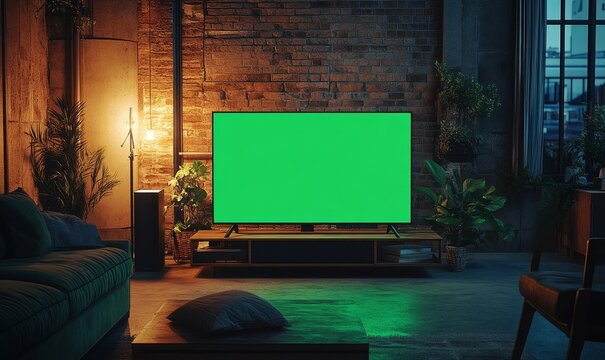 Stylish Loft Apartment Interior with TV Set with Green Screen Mock Up Display Standing on Television Stand. Empty Living Room at Home with Chroma Key Placeholder on Monitor. Night