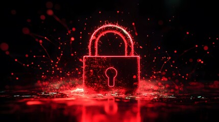 Glowing red digital lock icon in dark abstract background