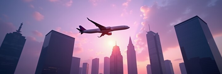 Naklejka premium A stunning silhouette of an airplane flying over a city skyline at sunset, symbolizing travel, freedom, and modern urban life.
