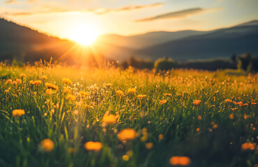 Naklejka premium Beautiful Sunrise In The Mountain with yellow flower Meadow Landscape