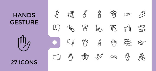 hand gesture showing thin line icons set, Collection of Gesture elements sign template for web and ui design, Editable stroke, Pixel perfect outline icon pack.