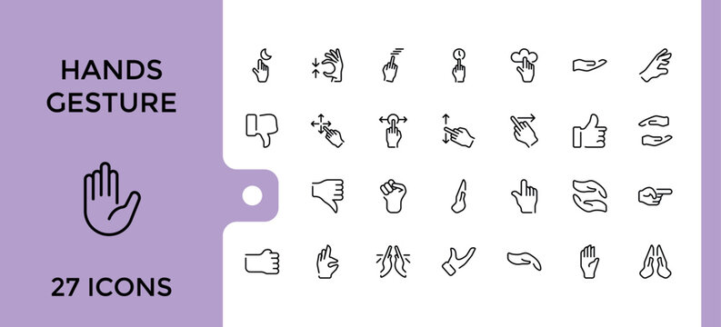 hand gesture showing thin line icons set, Collection of Gesture elements sign template for web and ui design, Editable stroke, Pixel perfect outline icon pack.
