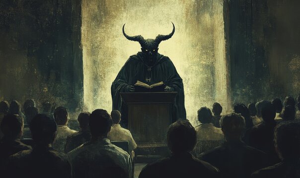Devil preaches to a congregation.