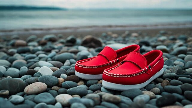 A pair of vibrant red moccasins sits on a pebbled beach, evoking summer and seaside escapes
