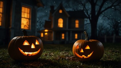 Pumpkin with a candle glowing in front of a haunted house.
