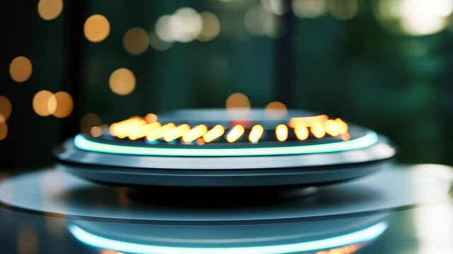 A futuristic, glowing UFO-shaped object with blurred forest background, evoking sci-fi and innovation themes