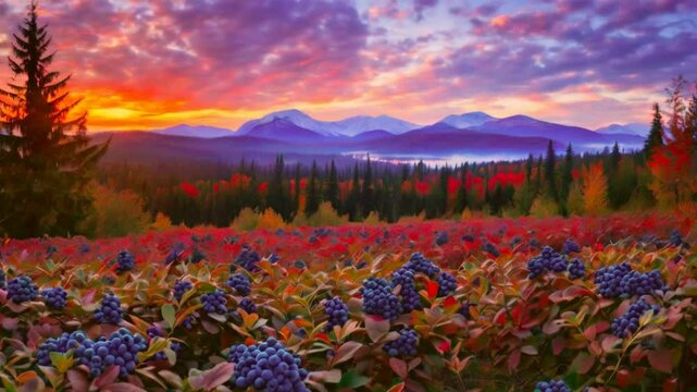 Blackberry bushes field in the fall and the mountains at sunrise.
