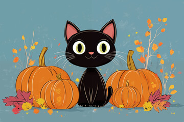 Funny black cat among pumpkins on a blue background. Postcard with a cute kitten for Halloween.