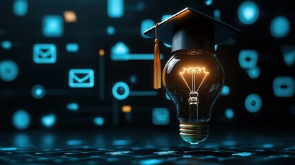 A light bulb wearing a graduation cap symbolizes innovation and education, set against a digital backdrop of social media icons.