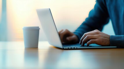 Fototapeta premium A person types on a laptop beside a coffee cup, suggesting a productive workspace, possibly in a home or office setting.