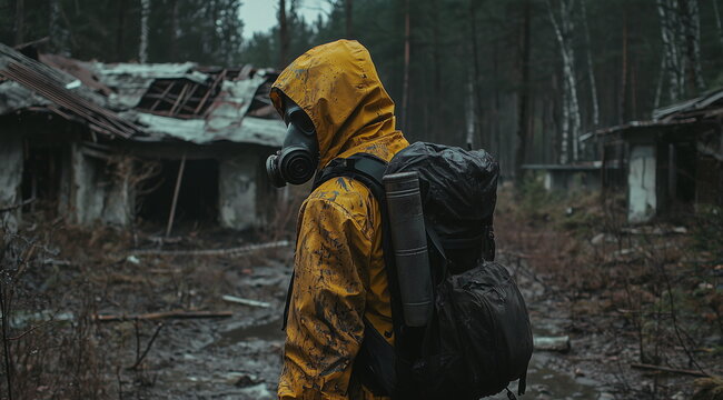 Post-Apocalyptic Survivor in Yellow Raincoat with Gas Mask in Abandoned Ruins