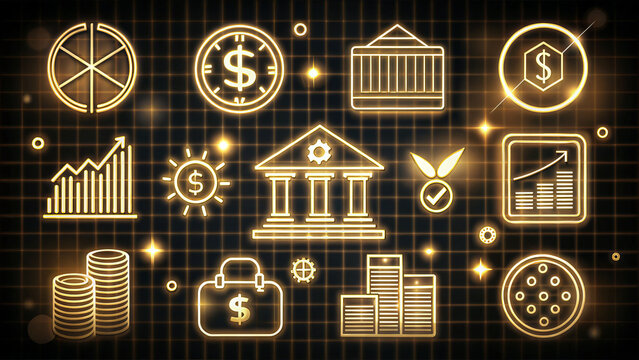 Financial icons and symbols including graphs, coins, and bank imagery create vibrant representation of economic themes. This design captures essence of finance and investment