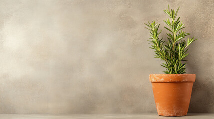 Fototapeta premium Small clay pot with a single sprig of rosemary, matte textures, neutral tones, Minimalist Thanksgiving Decor, Herb Accent