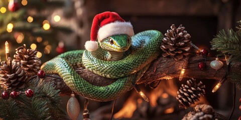 Obraz premium A graceful green snake in a santa hat coiled around a wooden branch covered in snow. 