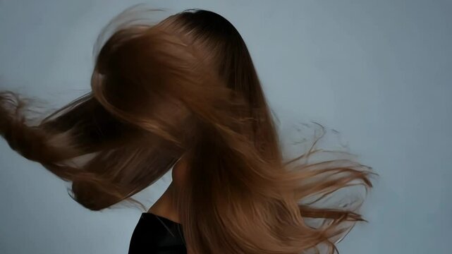 A woman with long, flowing brown hair flips her head back, showcasing hair care beauty