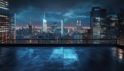 A modern rooftop terrace overlooking a vibrant city skyline at night, with sleek reflective tiles and glowing skyscrapers in the background